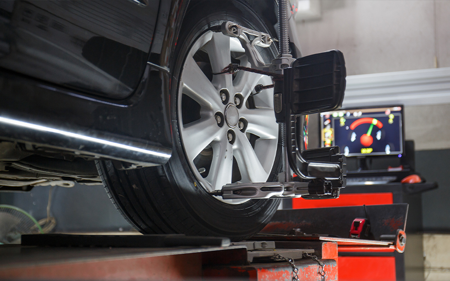 Car tire being tested with computer equipment